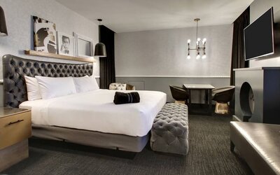 Spacious delux room with TV and seating area at The Rose Hotel Chicago O’Hare, Tapestry Collection By Hilton.