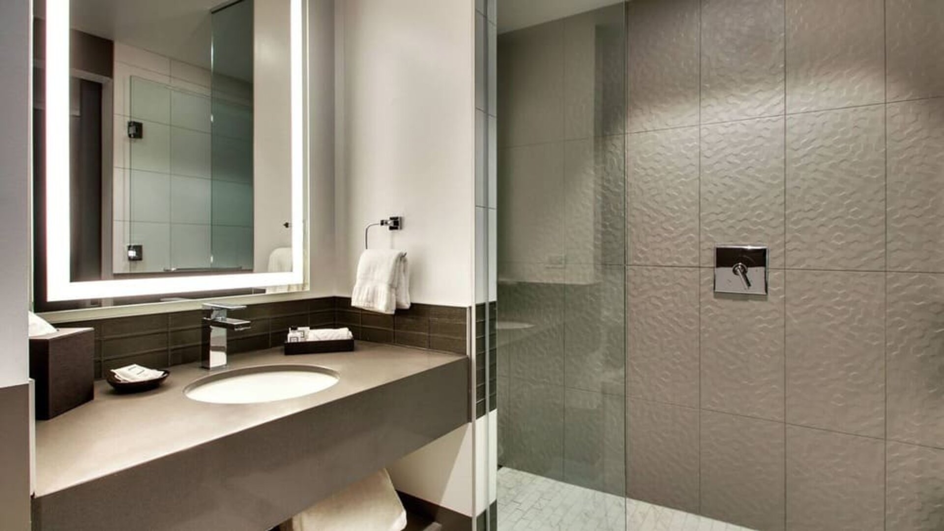 Private guest bathroom with shower at The Rose Hotel Chicago O’Hare, Tapestry Collection By Hilton.