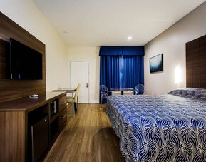 Day use room with dining table, work desk and TV at Palace Inn Blue Gessner.