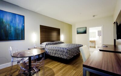 Day use room with dining table, work desk and TV at Palace Inn Blue Gessner.