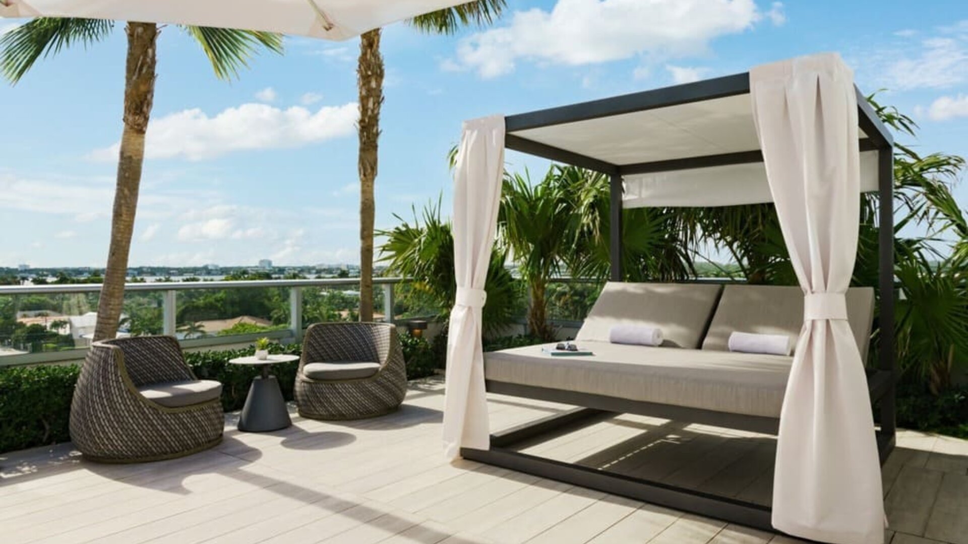 Relaxing cabanas available by the pool at The Altair Hotel Bay Harbor.