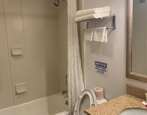 Guest bathroom with shower and tub at Sky Hotel Flushing - Laguardia Airport.