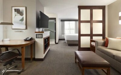 Living area inside day use room at Hyatt Place Portland Airport At Cascade Station.