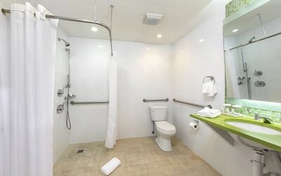 Private guest bathroom with shower at Circa 39 Hotel.