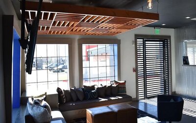 Comfortable lounge and coworking space at Hotel Bella.