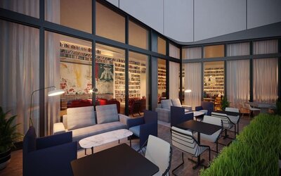 Outdoor lounge and coworking space at Graduate New York.