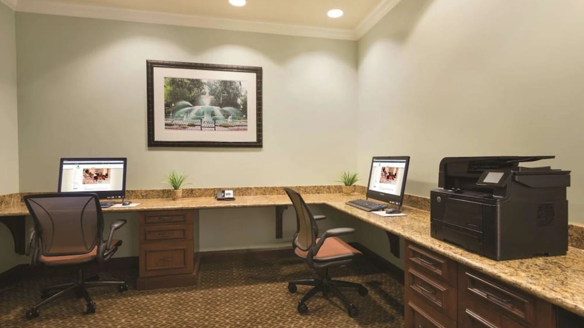 Business center with PC, internet, and printer at Embassy Suites By Hilton Savannah.