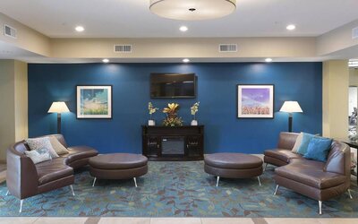 Lobby and coworking lounge at Candlewood Suites Odessa.