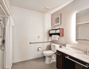 Private guest bathroom with shower at Homewood Suites By Hilton Dallas-Lewisville.