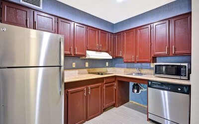 Day room equipped with kitchen, refrigerator, and microwave at Homewood Suites By Hilton Dallas-Lewisville.