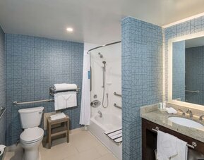 Guest bathroom with shower and tub at Homewood Suites By Hilton Miami Airport-Blue Lagoon.