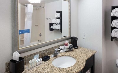 Guest bathroom with shower at Hampton Inn & Suites Gainesville-Downtown.