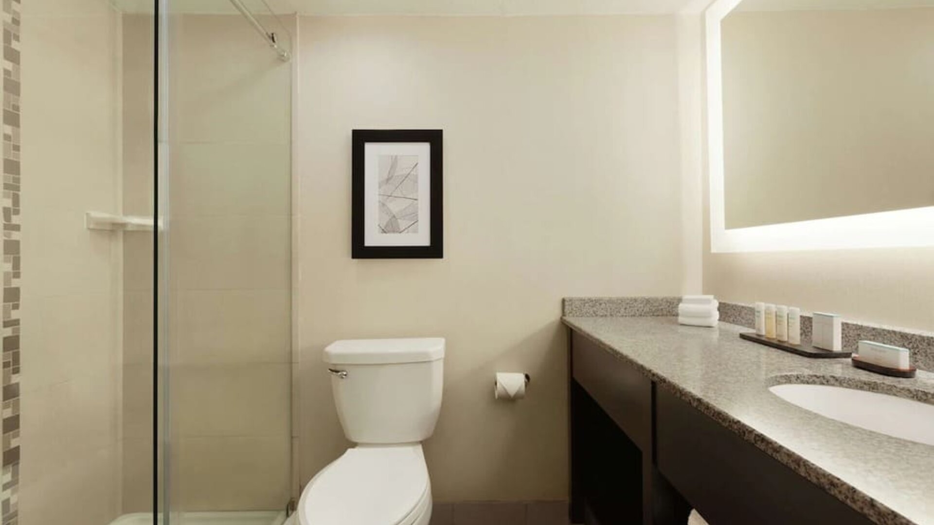 Guest bathroom with shower at Embassy Suites By Hilton Arcadia Pasadena Area.