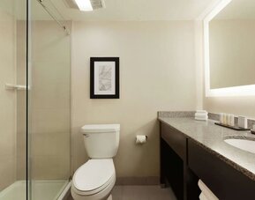 Guest bathroom with shower at Embassy Suites By Hilton Arcadia Pasadena Area.