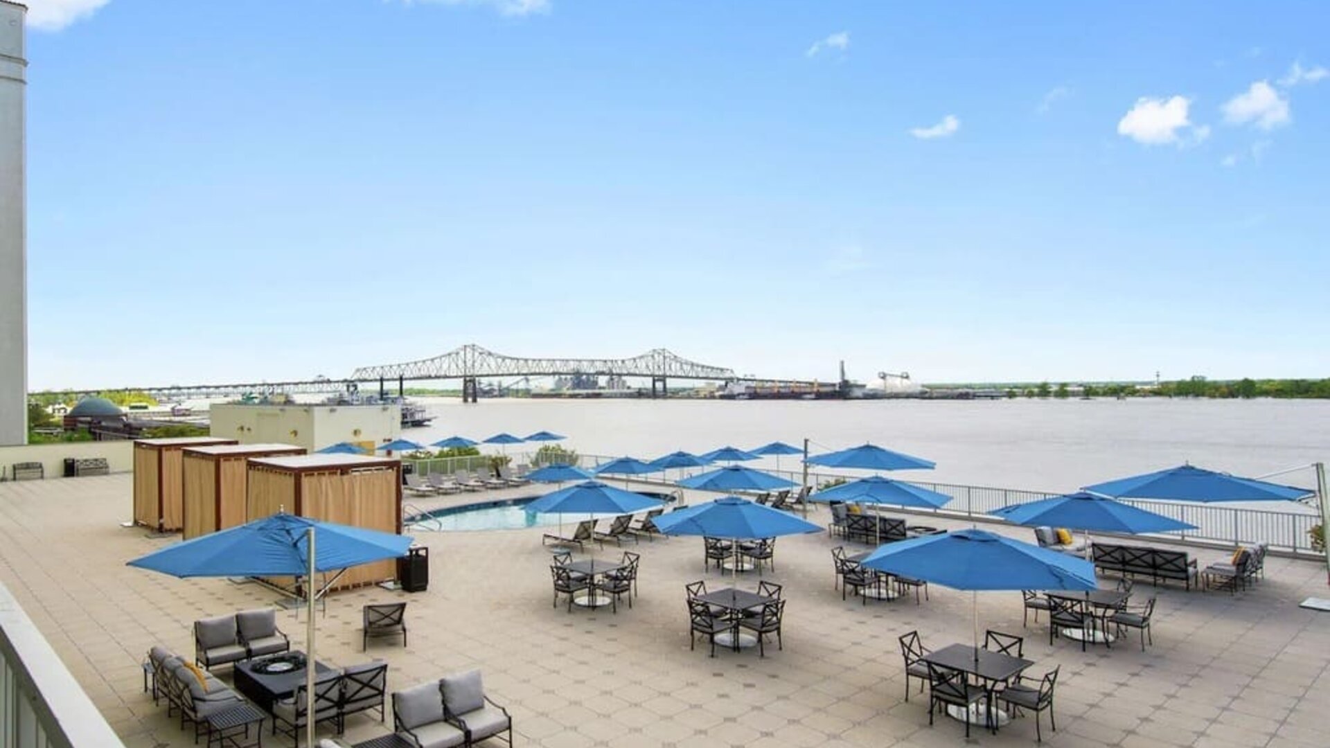 Lovely outdoor terrace and coworking space at Hilton Baton Rouge Capitol Center.