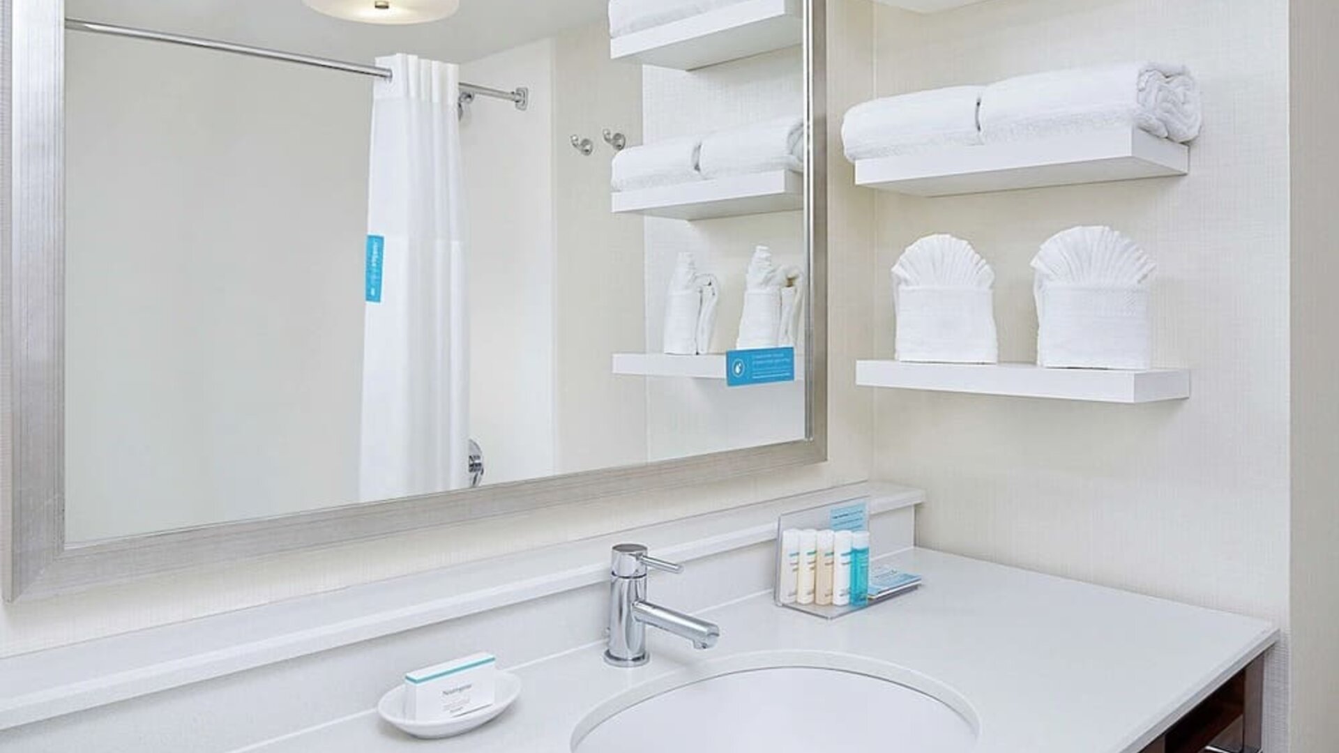 Guest bathroom with shower at Hampton Inn Dallas-Irving-Las Colinas.