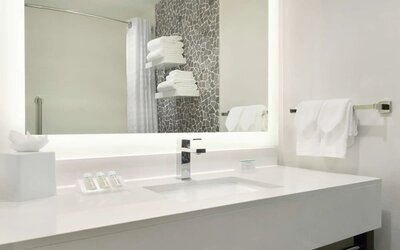 Guest bathroom with shower at Hilton Garden Inn Calgary Downtown.