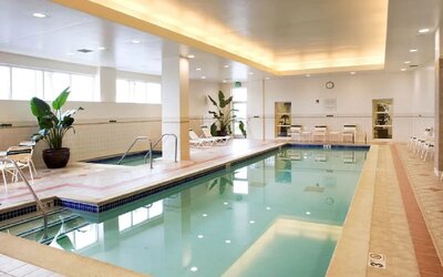 Stunning indoor pool at Sonesta Emeryville - San Francisco Bay Bridge.