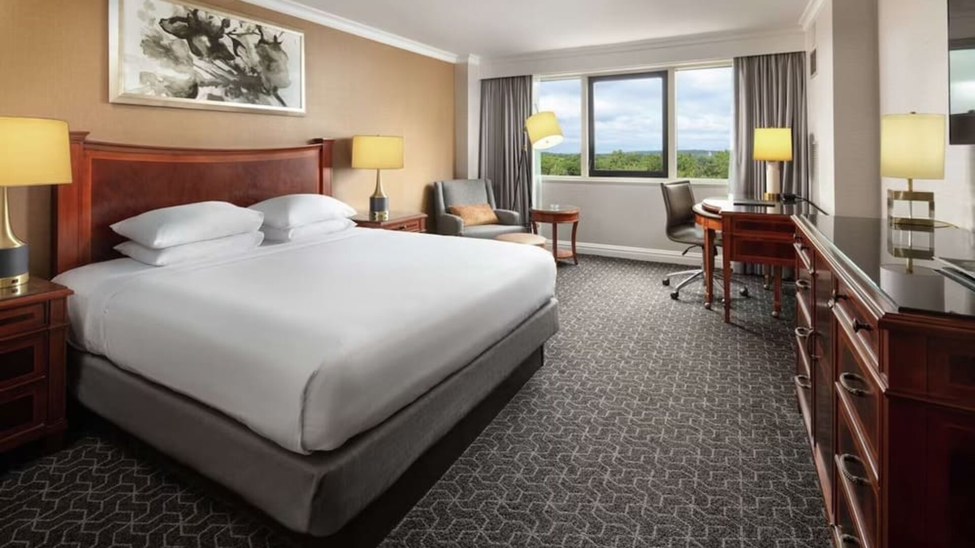 Delux king room with natural light at Hilton Short Hills.