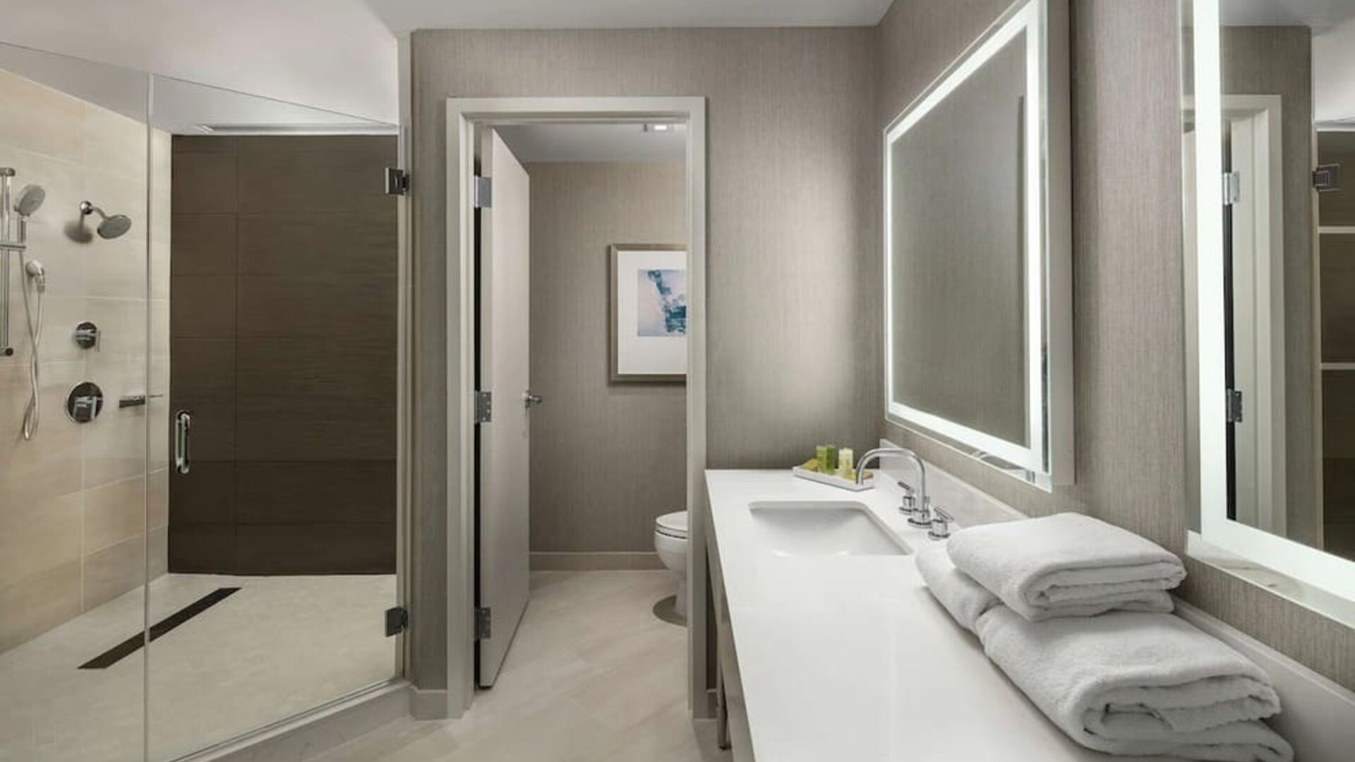 Guest bathroom with shower at Hilton Boston Logan Airport.