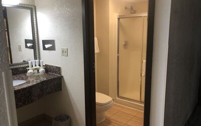 Private guest bathroom at Radisson Hotel Schaumburg.