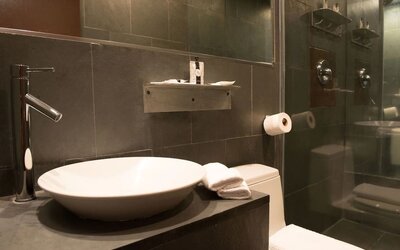 Guest bathroom with shower at Hotel Chelsea, A South Beach Group Hotel.
