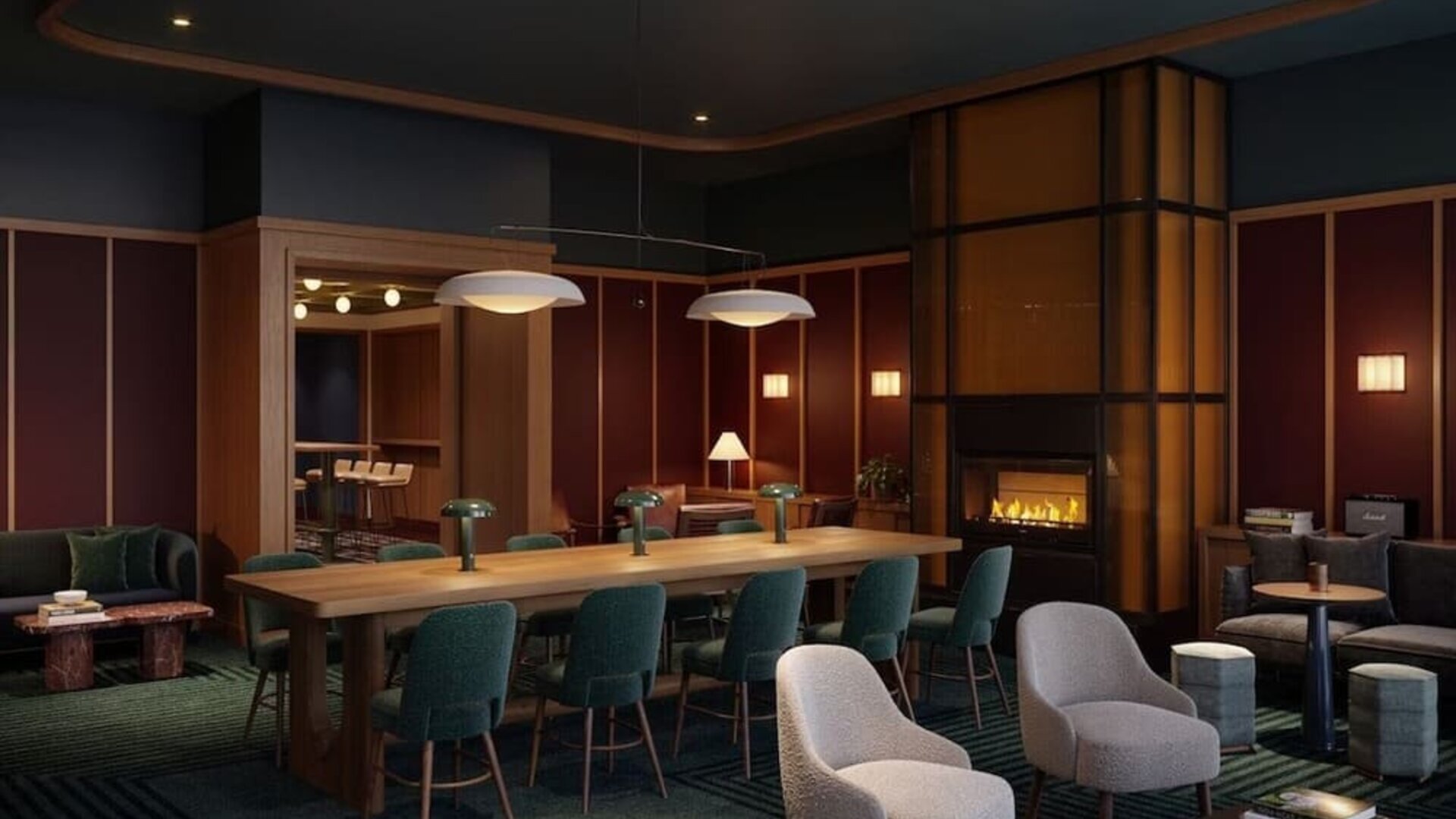 Lobby lounge area and workspace at Romer Hell's Kitchen.