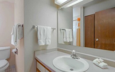 Guest bathroom with shower at Norwood Inn Statefare Grounds.