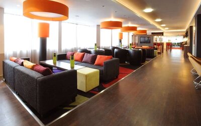 Lobby and coworking lounge at Hampton By Hilton Birmingham Broad Street.