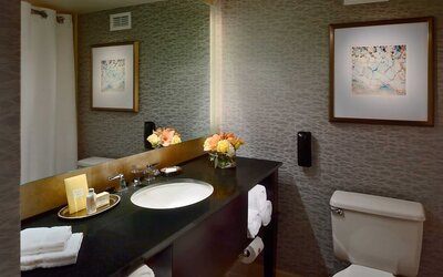 Guest bathroom in Royal Sonesta Houston Galleria, with lavatory, sink, and wide mirror.