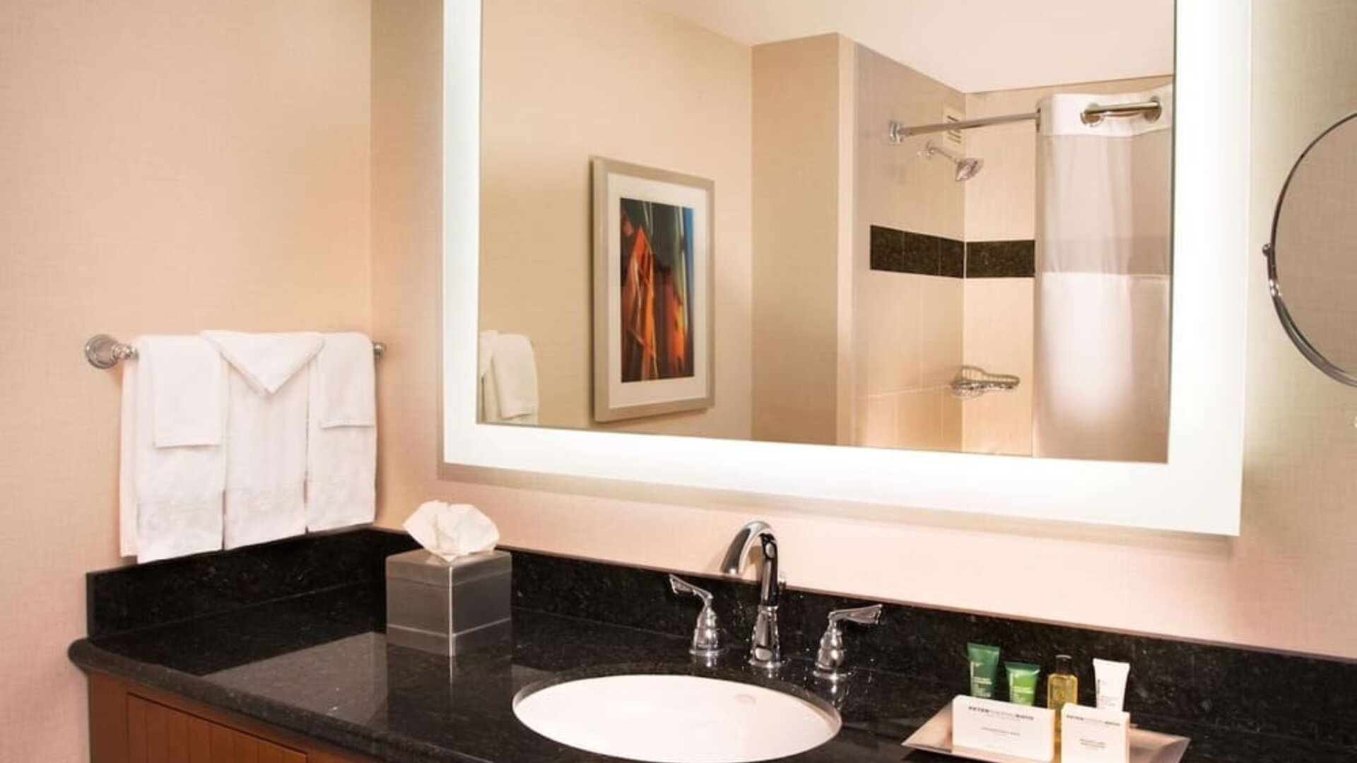 Private guest bathroom with free toiletries at Hilton Minneapolis.