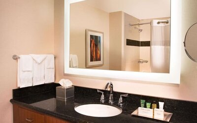 Private guest bathroom with free toiletries at Hilton Minneapolis.