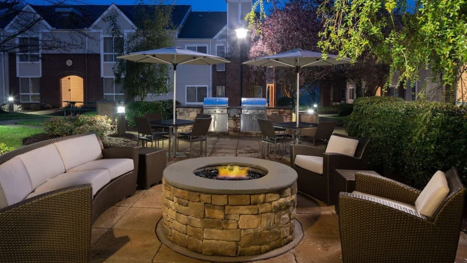 The hotel’s fire pit is has sofa and armchair seating around it, making it ideal for socializing or co-working.