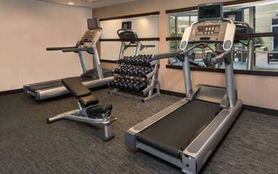 The hotel’s fitness center has racks of free weights, a bench, and treadmills for guests to use.