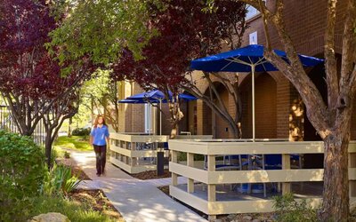 The hotel’s exterior has numerous trees and shaded table and chairs where guest can relax or co-work.