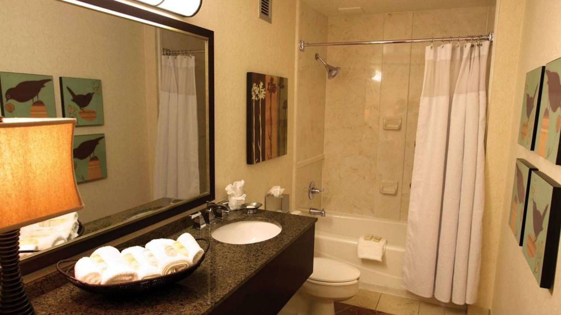 Sonesta Atlanta Airport North guest bathroom, furnished with bath and shower, lavatory, and sink and mirror, plus nature-themed art on the walls.
