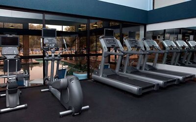 The fitness center at Sonesta Charlotte Executive Park has assorted exercise machines, and large windows that overlook the pool.