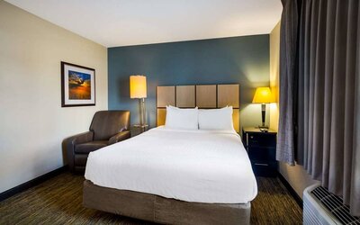 Sonesta Simply Suites St Louis Earth City double bed guest room, featuring bedside lamps, window, and armchair.