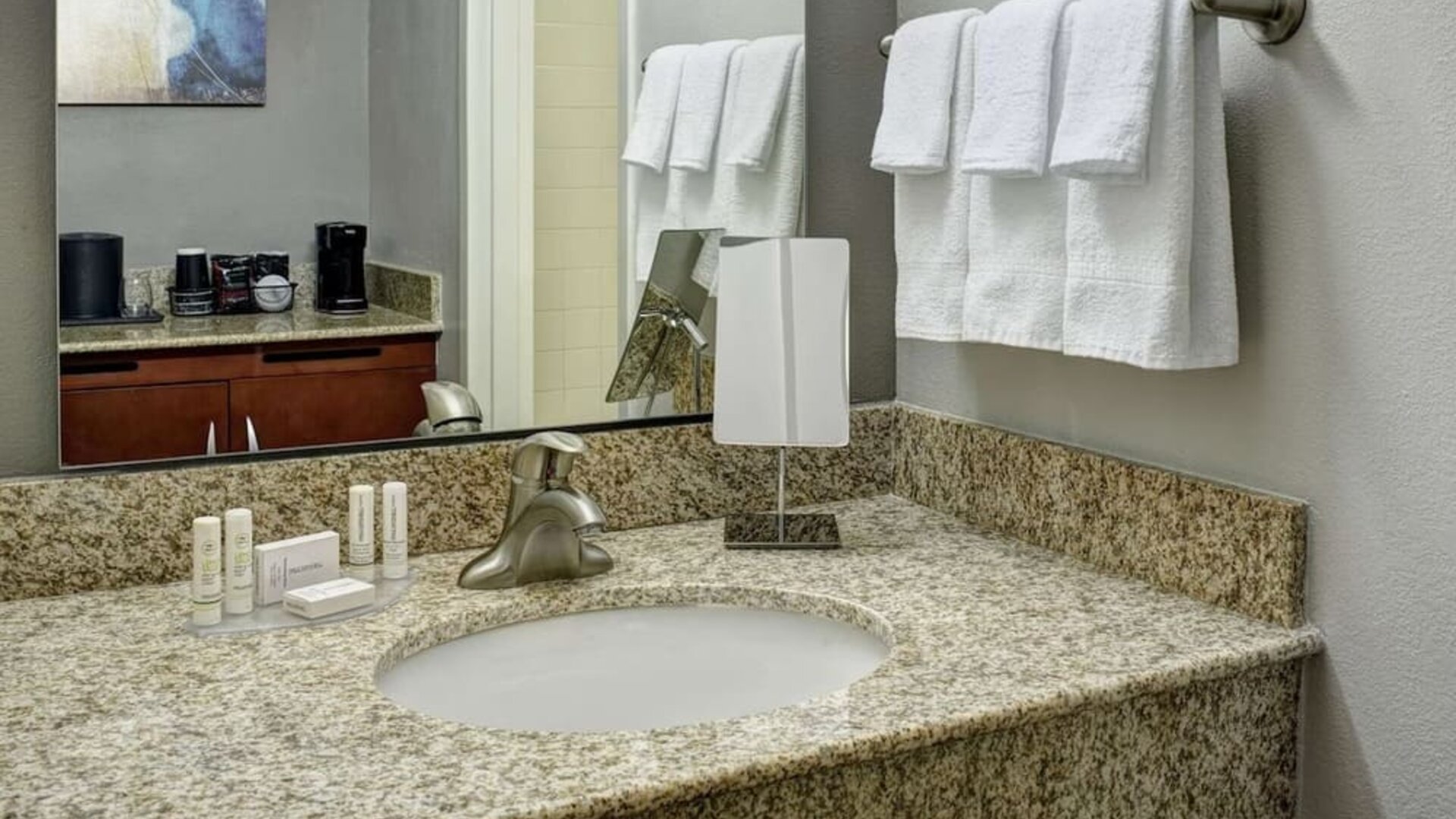 Guest bathroom at Sonesta Select Milwaukee Brookfield.