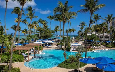 Royal Sonesta San Juan’s outdoor pool features sun loungers by the side and in shallow water, with towering palm trees all around.