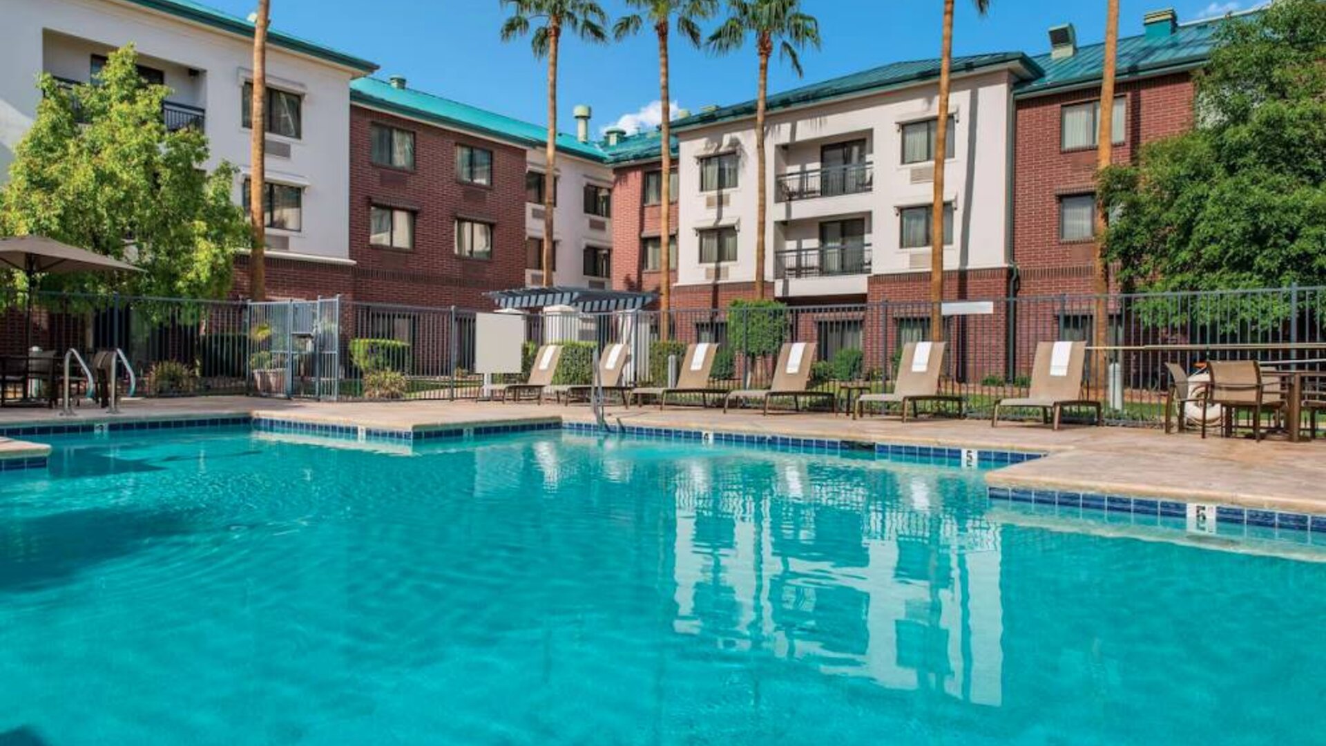 The hotel’s outdoor pool has loungers, as well as a table and chairs, by the side, plus towering trees beyond the fence.