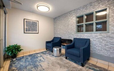 The hotel lobby has a pair of blue armchairs with a fireplace and coffee between them, and a potted plant in the corner.