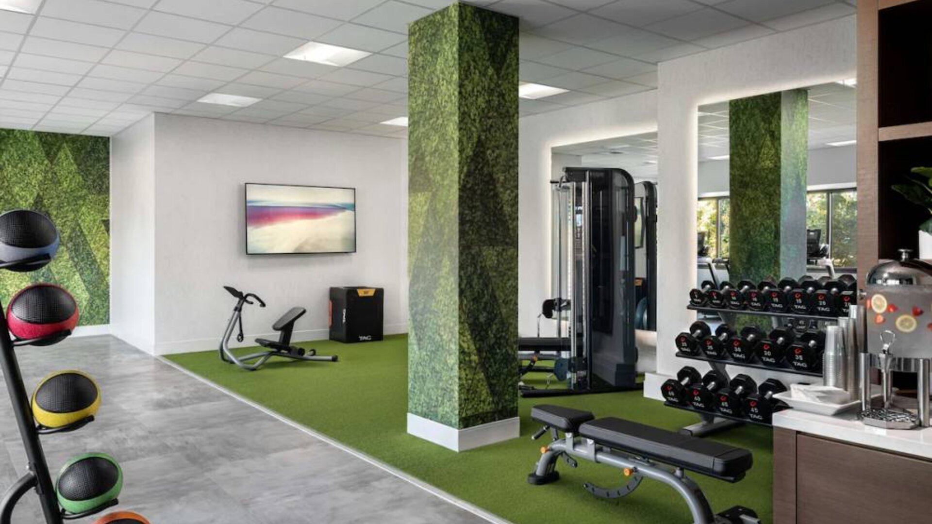 Sonesta Irvine’s fitness center is equipped with both exercise machines and free weights, in addition to gym balls and nature-themed decor.