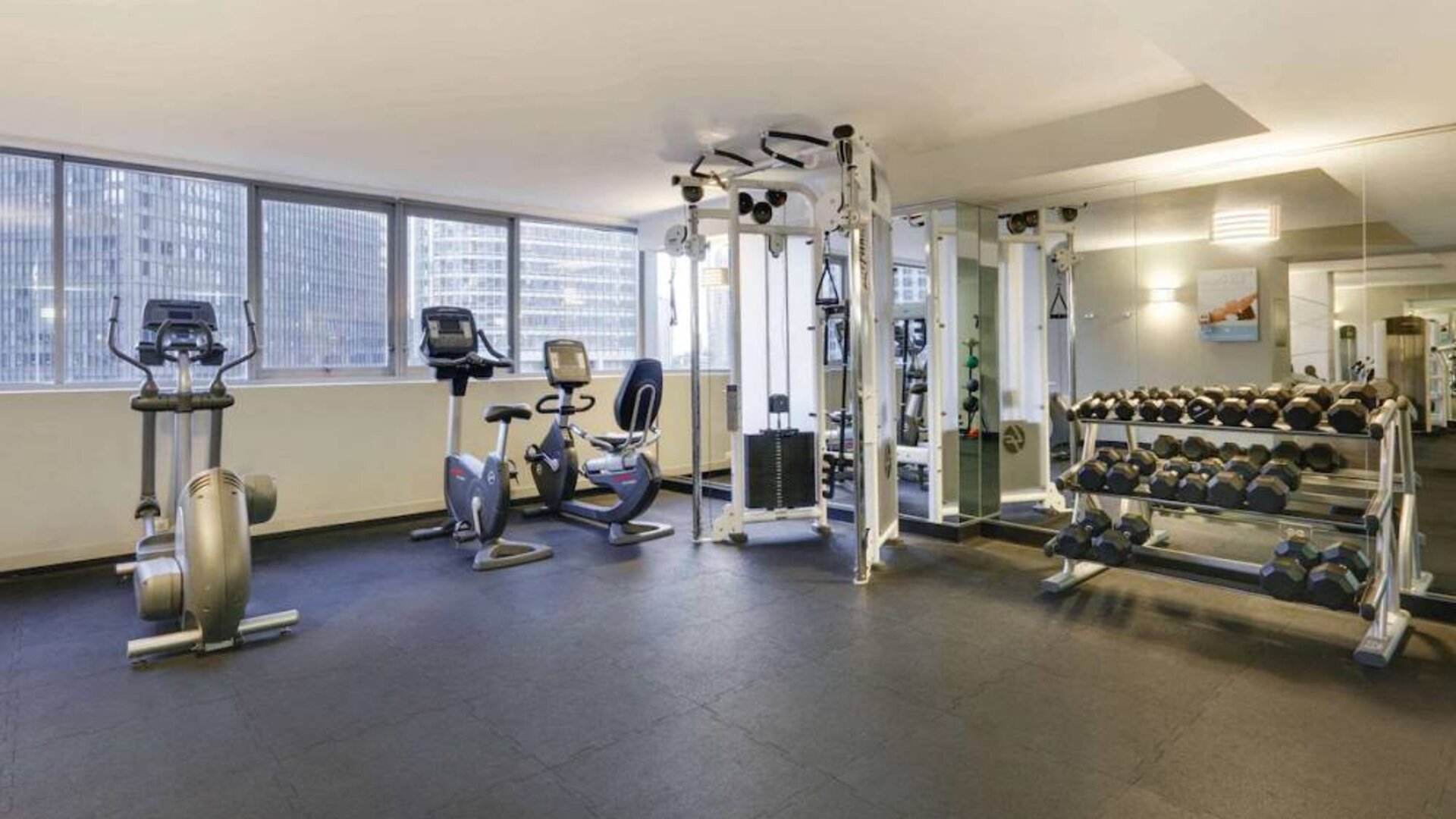 Royal Sonesta Chicago Downtown’s fitness center is equipped with free weights and assorted exercise machines, and has a mirrored wall and city views.