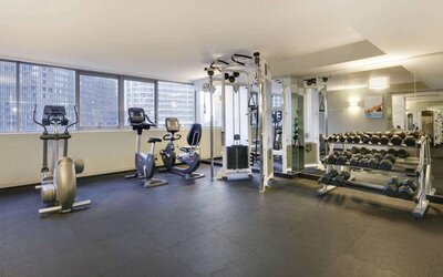 Royal Sonesta Chicago Downtown’s fitness center is equipped with free weights and assorted exercise machines, and has a mirrored wall and city views.