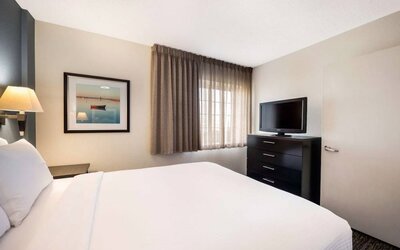 Double bed guest room in Sonesta Simply Suites Plano Frisco, featuring a window, art on the wall, and TV.