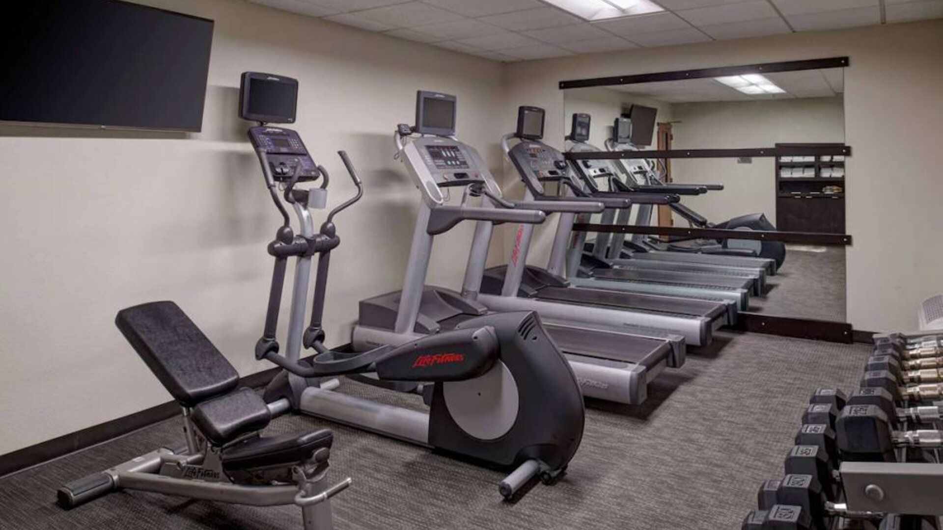The hotel fitness center is equipped with free weights, a range of exercise machines, and a wall-mounted TV.