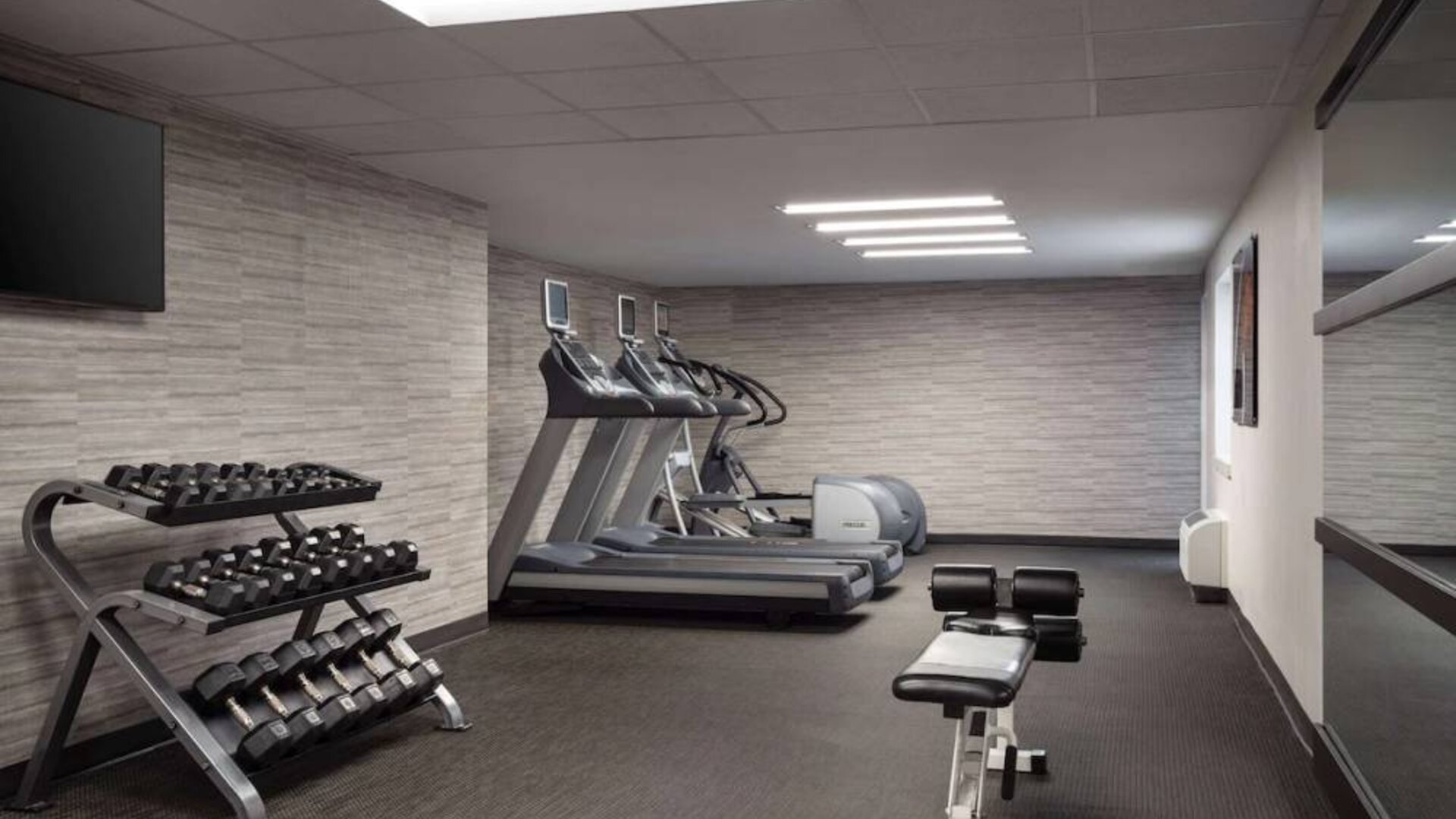 The fitness center at Sonesta Select Phoenix Camelback is equipped with free weights, a range of exercise machines, and a wall-mounted television.