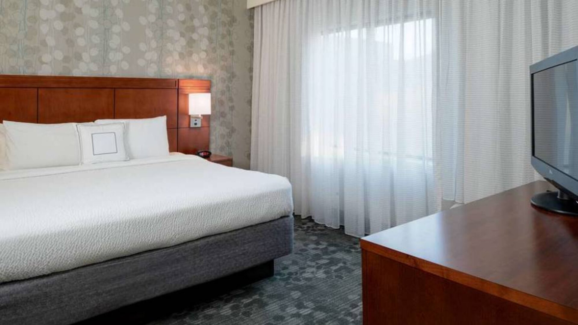 Double bed guest room in Sonesta Select Kansas City South Overland Park, including TV and a large window.