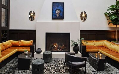 Lobby and fire place at Hotel Figueroa.